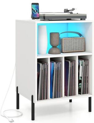 Costway Record Player Stand with LED Light and Charging Station-White