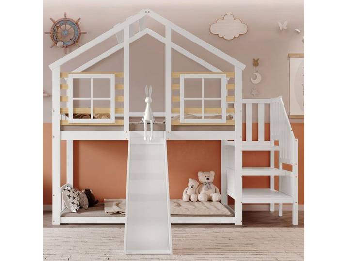 Lit superposé avec toboggan et escalier lit enfant 90x200 avec rangement