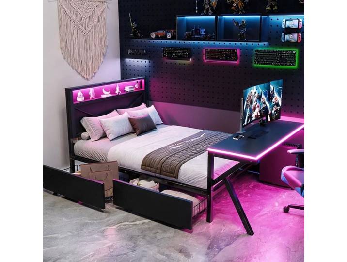 Lit plateforme gamer 140x200 cm avec LED bureau intégré et rangements métal noir