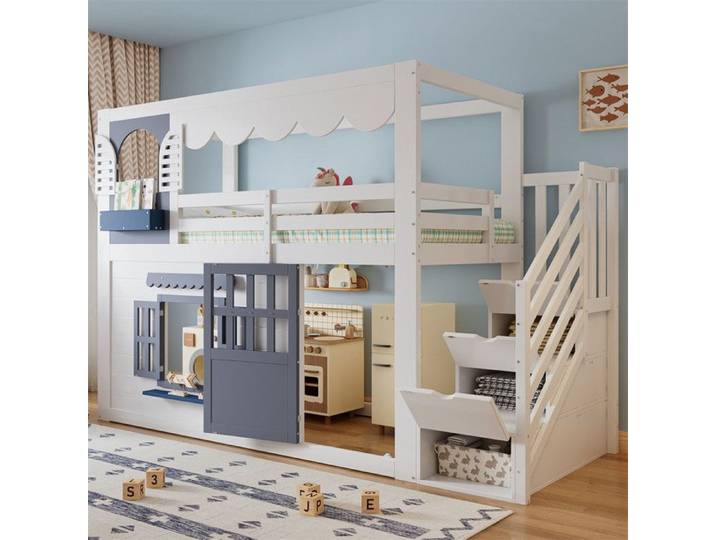 DRIPEX Lit mezzanine enfant 90x200CM avec porte et fenêtres ouvrantes Lit maison avec escalier de rangement protection antichute