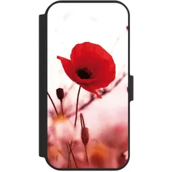 Nivocase Klapphülle für Apple iPhone 15 Handyhülle aus Kunst Leder NIVOflip schwarz Blume Mohnblume Sommer (Apple iPhone 15), Smartphone Hülle, Schwarz