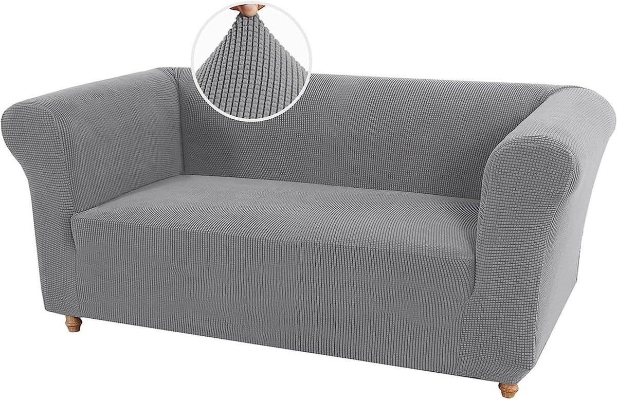 Bankhoes Stretch Grijs - Elastische Sofahoes met Jacquard Ruitpatroon voor 2 Zits Banken