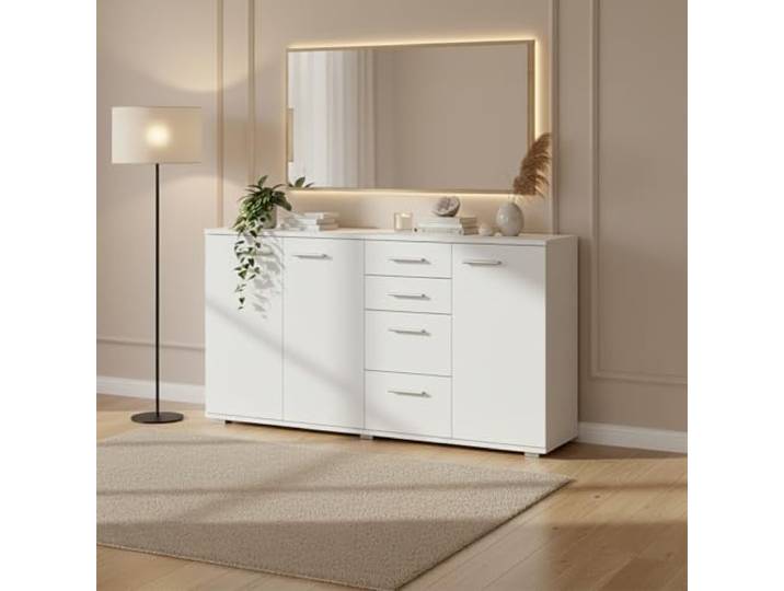 Kommode FAUSKE D3 R4 Weiß 138x74x34 cm Kommode FAUSKE - 4 Schubladen - 3 Türen - Weiß - Breite 138 cm, Höhe 74 cm, Tiefe 34 cm
