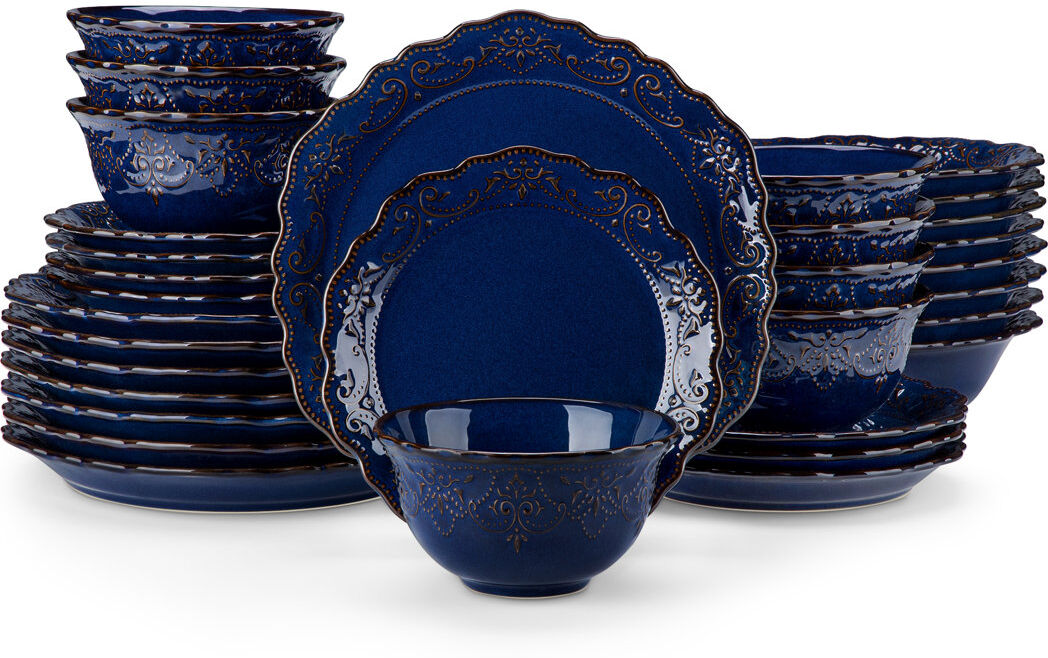 MALACASA 32 Piece Ceramic Dinnerware Sets, Kitchen Dinnerware, Blue Dinnerware With Bas-Relief Around The Edge, Royal Style, For 8 People, Dinner Plate, Desser Blue 32