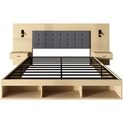 DOPPELBETT 180x200 Helle Eiche mit Stauraum, USB, Leselampe & 2 Nachttischen