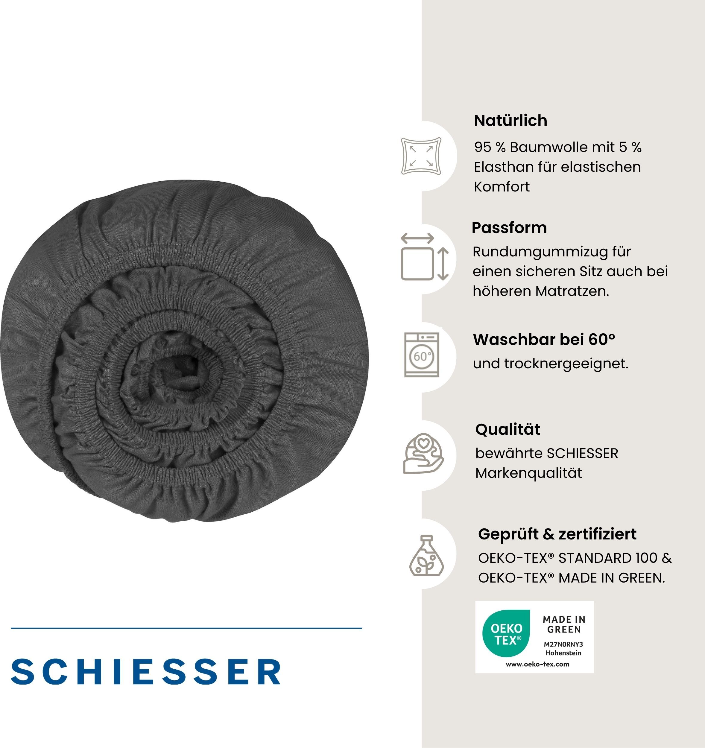 Spannbettlaken SCHIESSER "Flexi für Topper aus 95% Baumwolle und 5% Elasthan für flexiblen Sitz", grau (dunkelgrau), B:180cm L:200cm, Jersey-Elasthan, Obermaterial: 95% Baumwolle, 5% Elasthan, Bettlaken, Spannbettlaken, für Matratzen bis zu 10 cm Höhe, OE