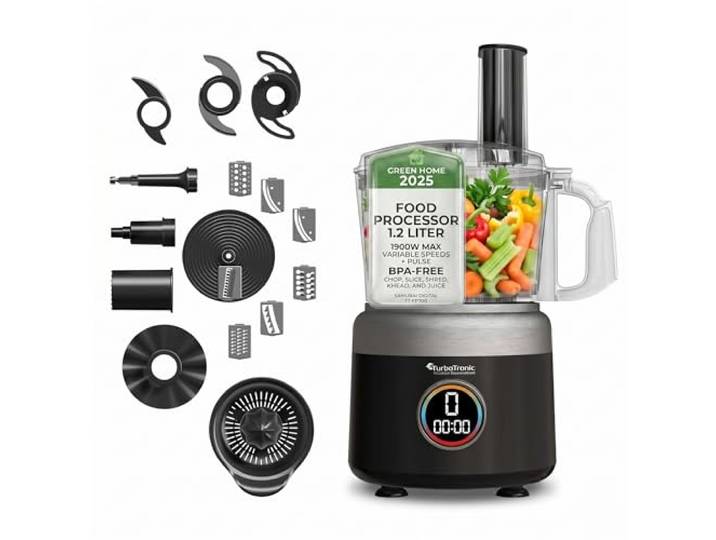 TurboTronic 1900 W digitale Küchenmaschine - FP700-1,2L Zerkleinerer Raspelscheiben Zitruspresse Entfafter Eiscrusher Mixer Schwarz