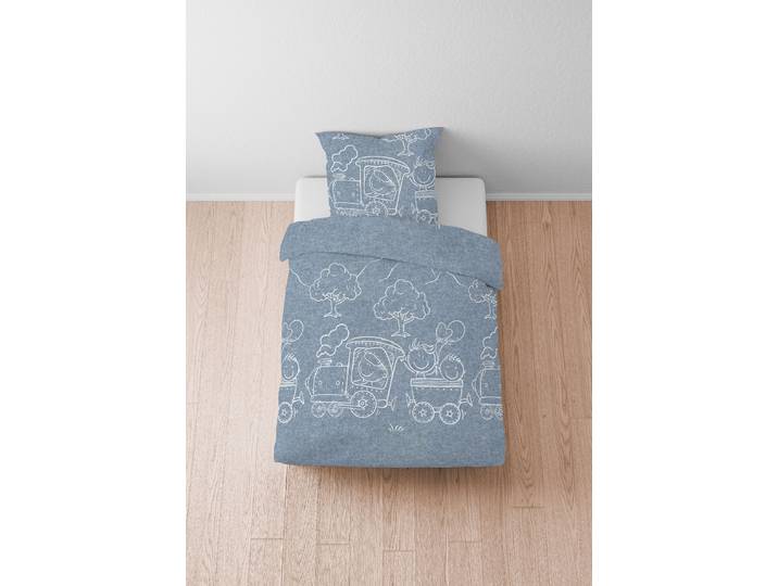 Linge de lit locomotive 100 x 135 cm + oreiller 40 x 60 cm Bleu/Bleu jean