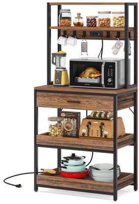 1Easylife Kitchen Bakers Rack with Power Outlets, High Utility Storage Shelves Microwave Stand with Drawers