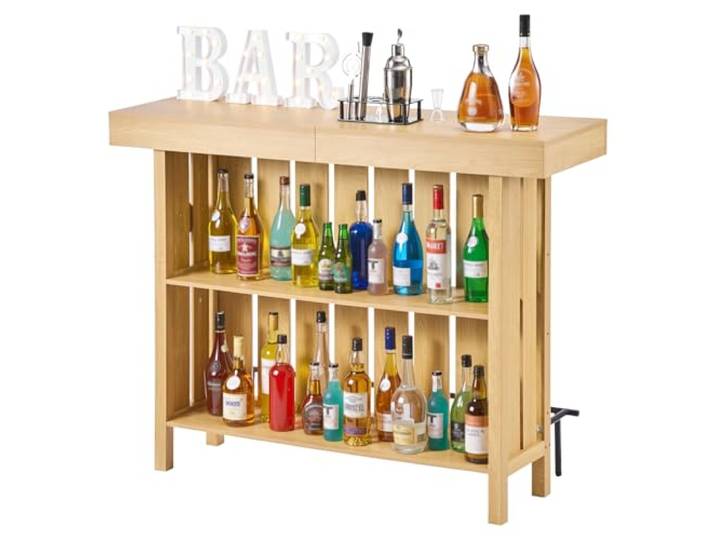 VEVOR Hausbar mit 3 Ebenen, Bartresen aus Holzwerkstoff mit Fußstütze & Flaschenöffner-Halter, Moderne Bartheke mit viel Stauraum für Wohnzimmer & Keller, Belastbar bis 81,6 kg, 1400 x 398 x 1055 mm