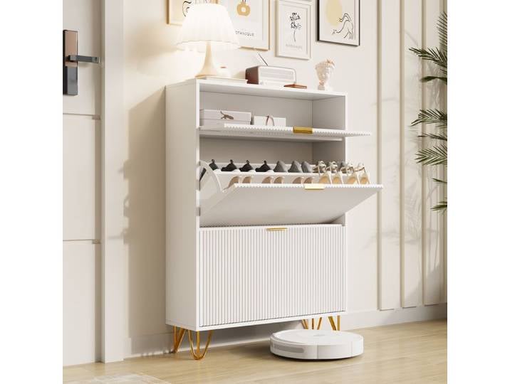 Meuble à Chaussures avec 3 Portes Meuble Chaussure Bois Entree Armoire a Chaussures avec Compartiments Blanc
