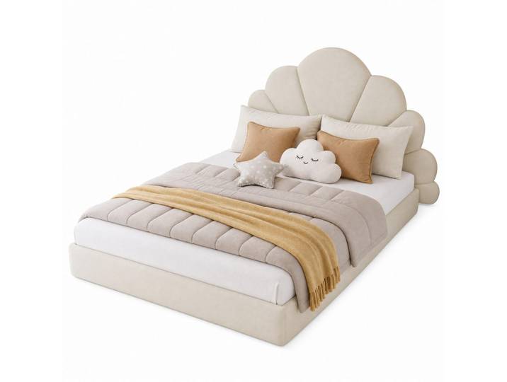 Evryae Polsterbett 140/200 mit geschwungenem Blütenkopfteil, Samtbezug und Rutschschutz in Beige, 140x200 cm, Schlafzimmer, Betten, Polsterbetten