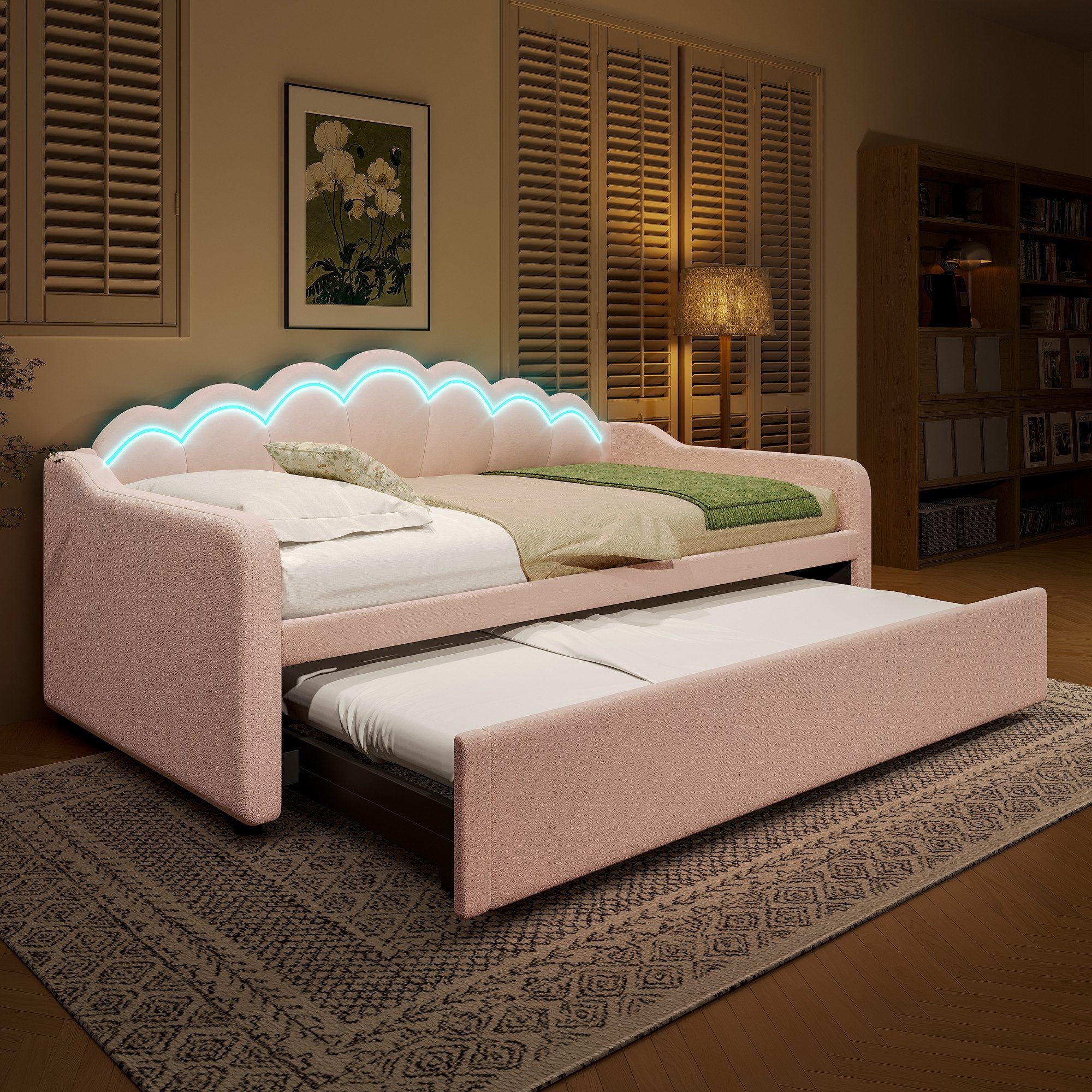 Odikalo Daybed Kinderbett Doppelbett Schlafsofa Tagesbett LED 90/180x200cm Rosa