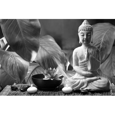 Fototapete PAPERMOON "Buddah Figur Schwarz & Weiß", schwarz (schwarz, weiß), B:4m L:2,6m, Vlies, Tapeten