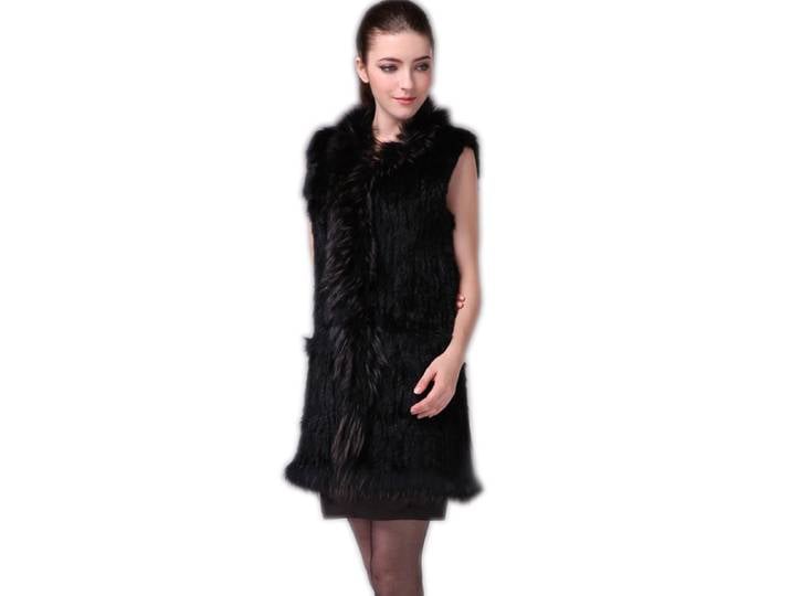 Harppihop gilet de fourrure femmes tricoté véritable véritable fourrure de lapin gilet pardessus poche vêtement et col de raton laveur sans capuche