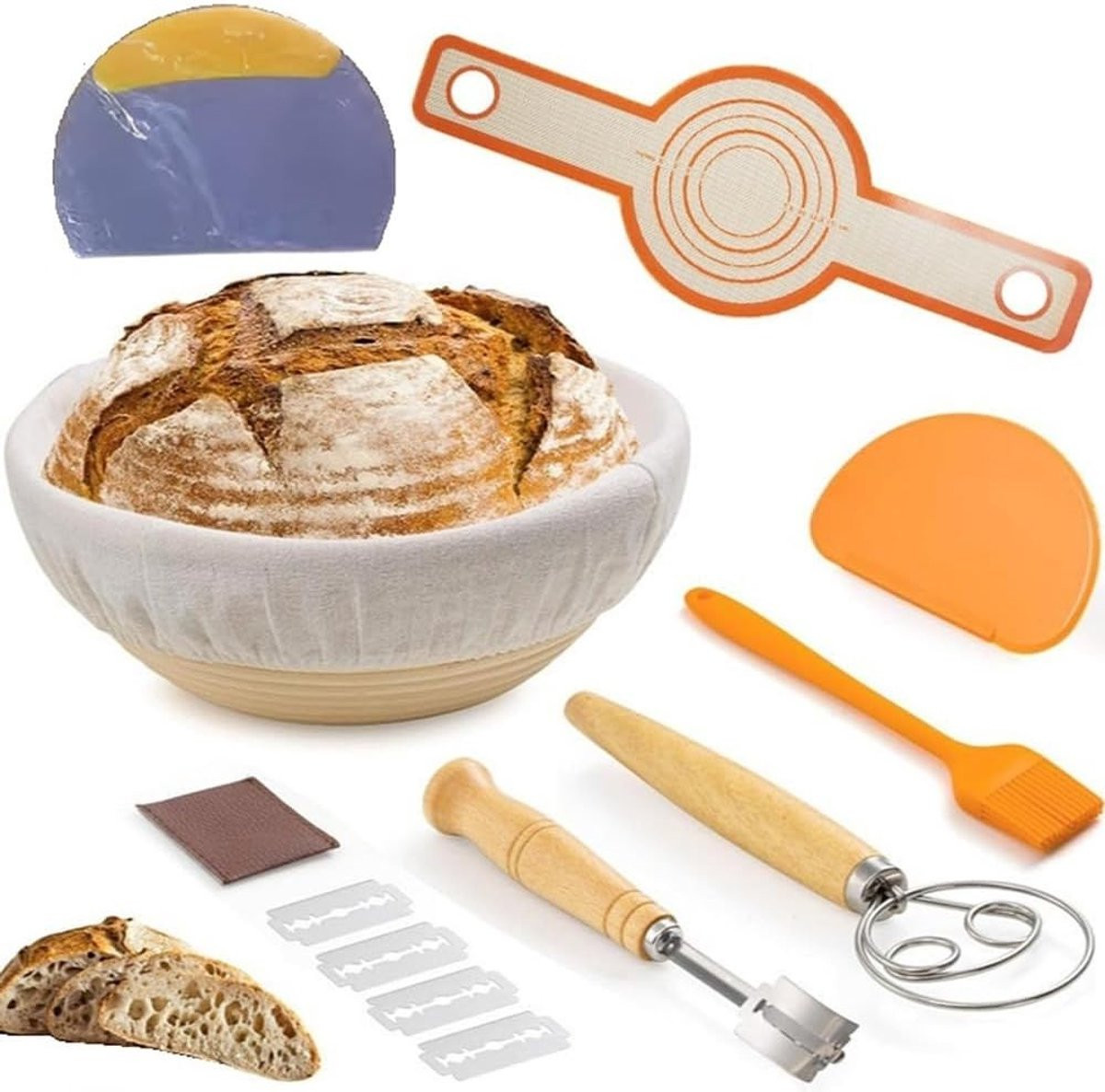 Complete set voor brooddeeg met rijsmanden, snijmes, ronde rijsmand, garde en deegschraper