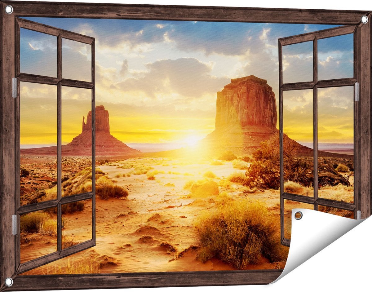 Gards Tuinposter Doorkijk Zonsondergang in Woestijn Monument Valley - B/D/H: 90 x 60 cm