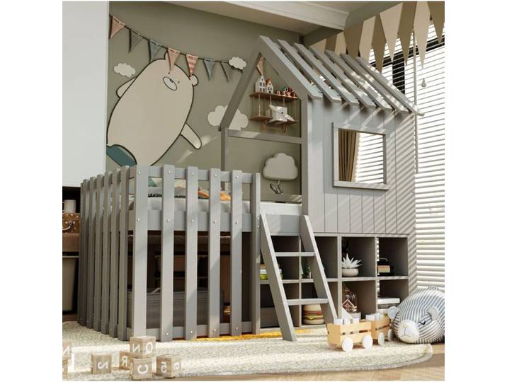 QAVRYL Lit mezzanine cabane enfant 90 x 200 cm gris avec toit fenêtre échelle et rangements