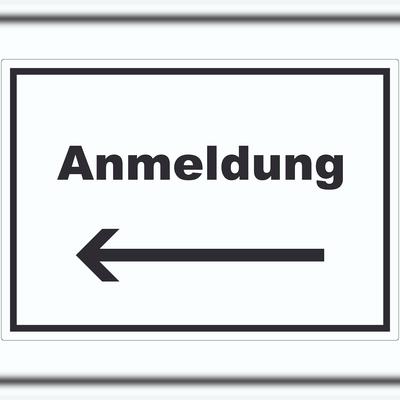 HB-Druck Anmeldung Aufkleber mit Text und Richtungspfeil links Aufnahme waagerecht A5 (148x210mm)