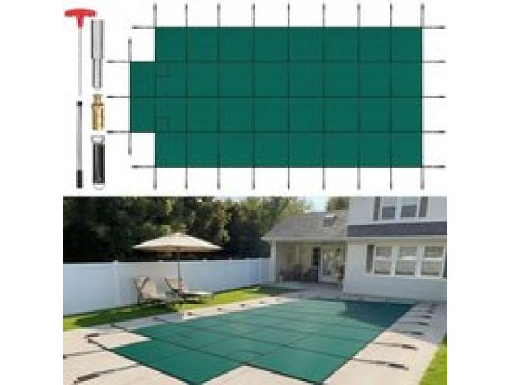 VEVOR Couverture de sécurité pour piscines creusées 6,1x12,2 m maille verte avec marches d'extrémité centrales 1,2x2,4 m couverture de sécurité solide pour piscine d'hiver, résister au soleil, au vent