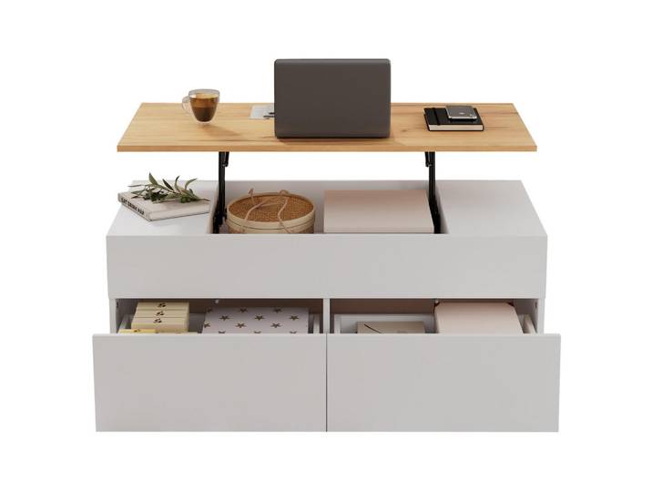 Modfu Couchtisch aus Spanplatte 100x50x40 cm in Weiß mit Hubtischplatte, 50x40x100 cm, Wohnzimmer, Wohnzimmertische, Couchtische