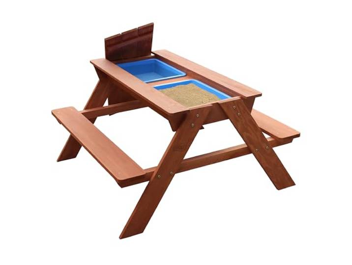 Sunny Dave Sand & Wasser Picknicktisch aus Holz in Braun Kindertisch mit Behältern für Sand oder Wasser & Deckel, Wasserspieltisch aus FSC Hemlockholz, Maße 89 x 89 x 50 cm