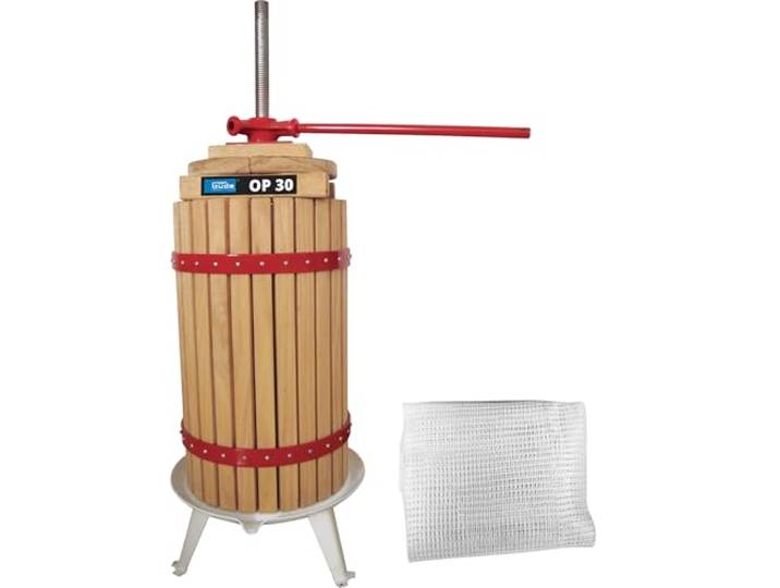 Güde Obstpresse OP 30 (30 Liter Presskorb aus unbehandeltem Holz, lebensmittelecht lackiertes Auffangbecken, 2-tlg. Pressteller, Presstuch aus Polyester, robuste Stahlspindel, fertig montiert)