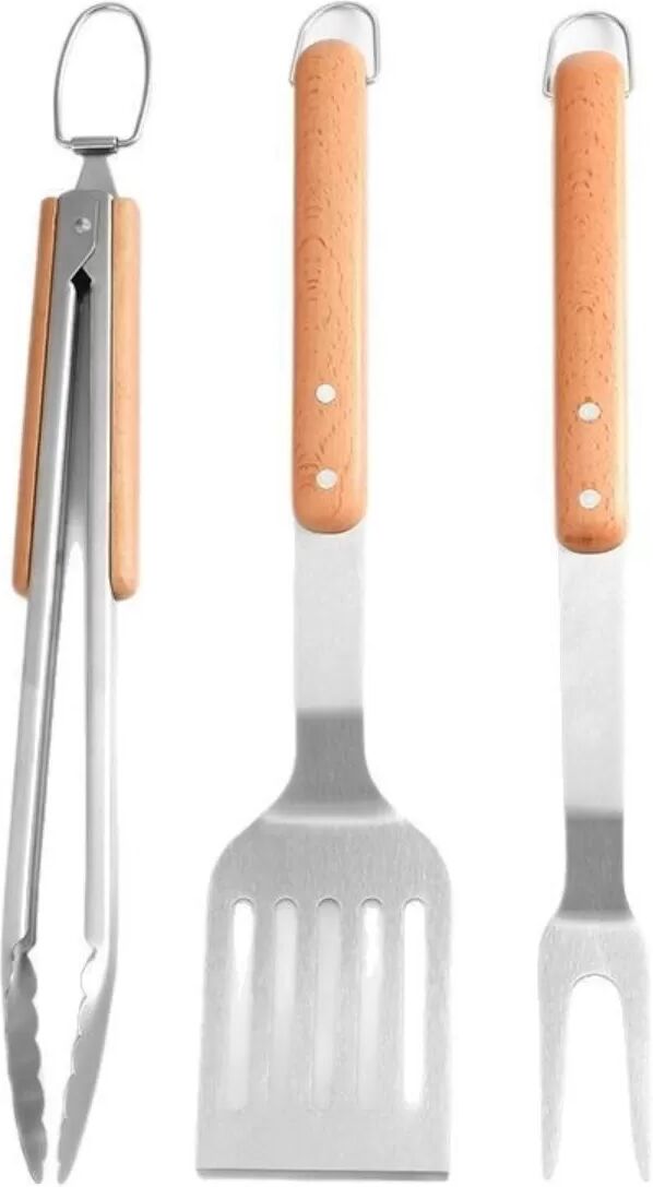 INF 3-teiliges Grillbesteck aus Edelstahl mit Buchenholzgriffen – Pfannenwender, Gabel und Zange, tragbares silbernes Grillset