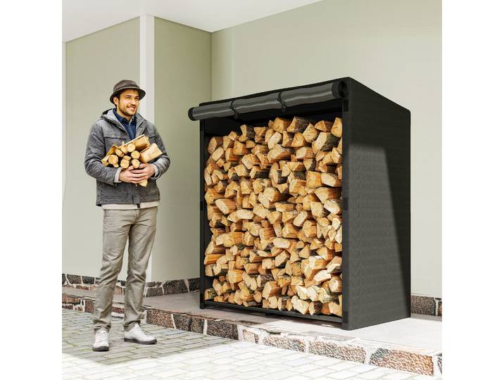 Outsunny Range-Bûches Métal Extérieur 300kg avec Housse Noir