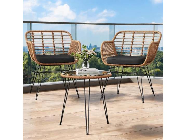 GarveeMore Rattan-Gartenmöbel-Set 3-teilig, Schwarz, Balkonmöbel Ergonomische Sessel mit weichen Sitzkissen und kompaktem Glastisch – ideal für entspannte Stunden auf Balkon und Terrasse.