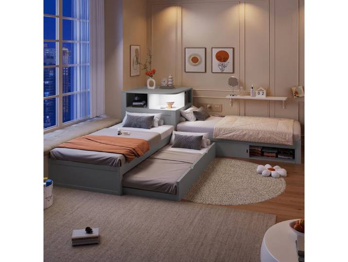 Lit combiné en L 90x200 avec lit gigogne rangement à portes coulissantes et LED intégrée gris JOINERY