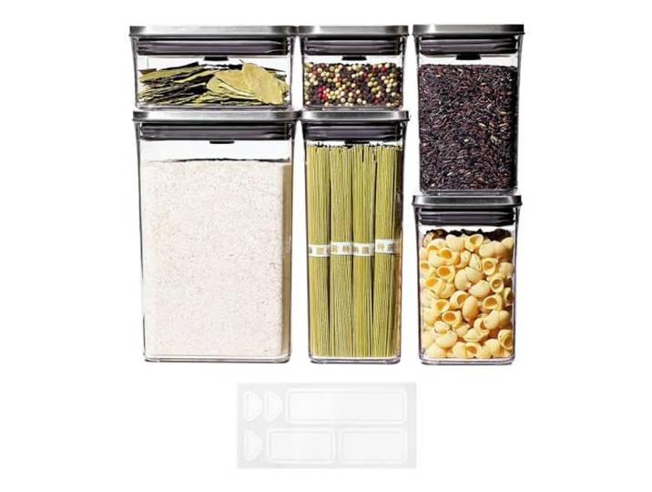 OXO Steel POP Frischhaltedosen 6-teiliges Set mit Etiketten, grau