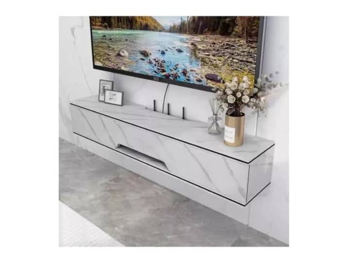 An der Wand montierter schwebender TV-Ständer. Hängende TV-Konsole Mit schwarzem, dünnem Linien-Wand-TV-Schrank for Wohnzimmer und Schlafzimmer