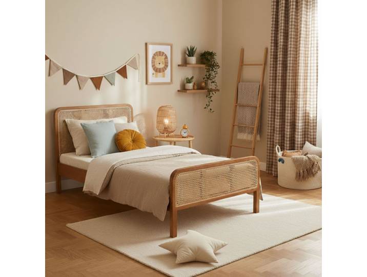 Lit Enfant 90x190 Cannage Marron Avec Tête De Lit Terre De Nuit Anna - Anna