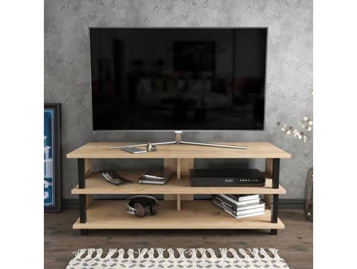 Hanah Home Industrial TV Stand, Black & Oak, 120 x 44.6 x 47.4 cm 100% Melamine Coated Particle Board, 18 mm Thick Stylish & Durable for Modern Living Rooms