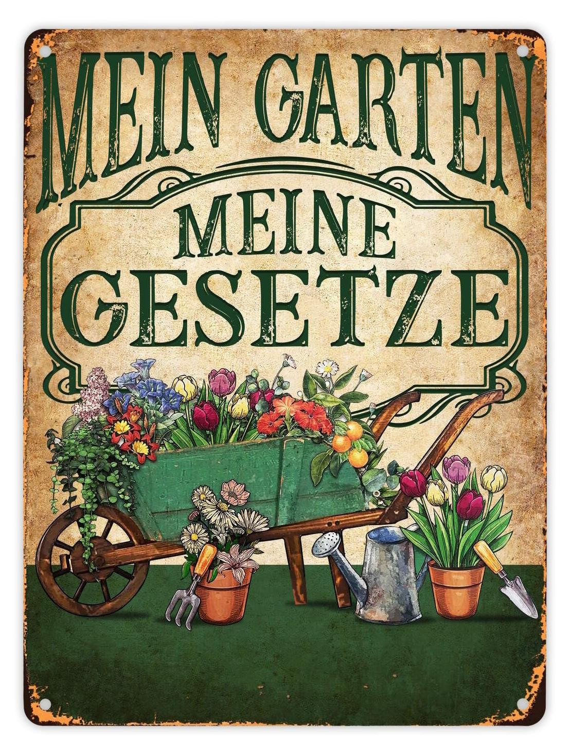 Metalen bord met afbeelding van een bloemenkar – Mijn tuin, mijn regels, B: 28 cm, H: 21 cm