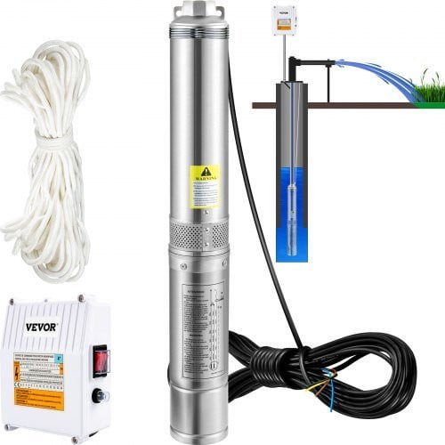VEVOR Diepe Putpomp 370W 230V 50Hz 110L/min Onderwaterpomp met 20 m Kabel voor Irrigatie of Watervoorziening, Roestvrij Staal