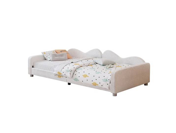 Lit enfant 90x200 cm en tissu peluche blanc canapé convertible avec dossier et accoudoirs lit d'appoint polyvalent