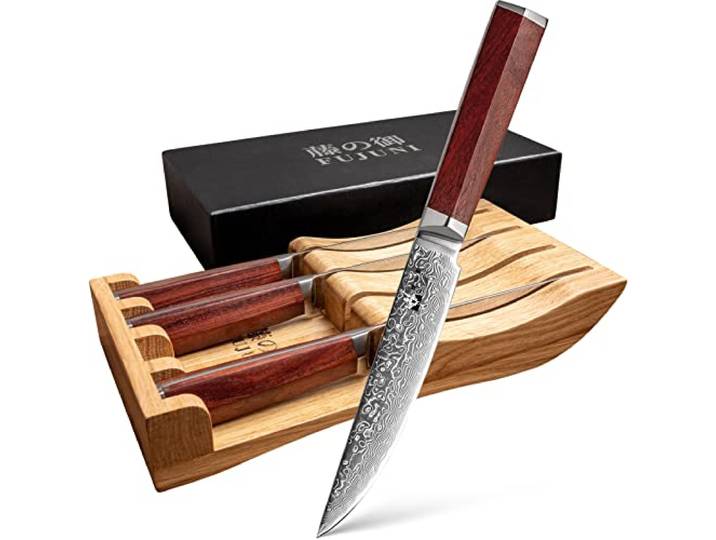 FUJUNI Steakmesser Set 4teilig, 4er Damast Steakmesser-Set Mit Extrem Scharf 12.5cm Klinge Aus 67 Lagen VG-10 Damaststahl steakmesser mit Holz Messerblock, Holzgriff, Geschenkbox