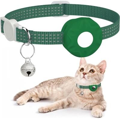 Inspired Finds Reflective AirTag Cat Collar With Secure Holder, Bell & GPS Tracking Support green