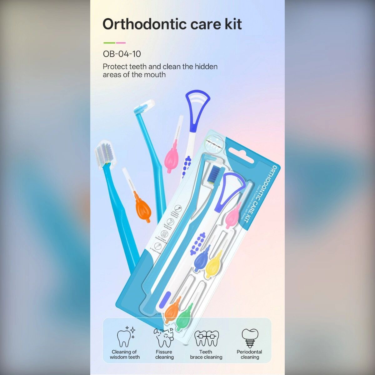 INF Kieferorthopädisches Interdentalbürsten-Set – Silikon-Interdentalbürsten mit Zungenschaber, ergonomischem Griff, mehrfarbig