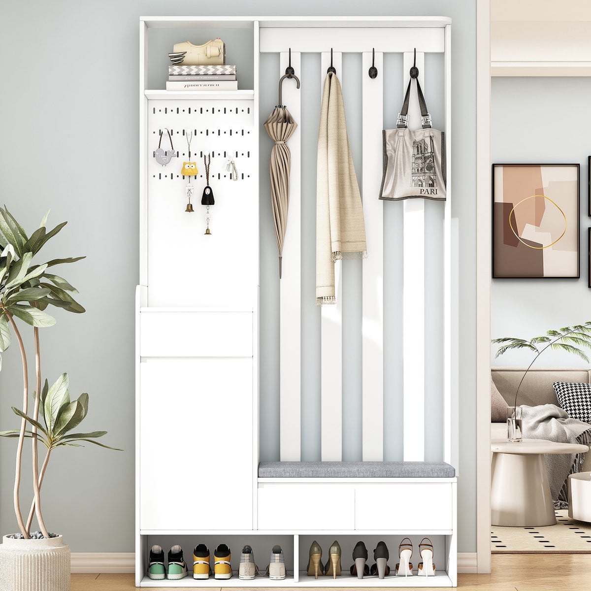 MODFU Kapstok met zitbank en opbergruimte, wit, B: 100 cm, D: 35 cm, H: 180 cm