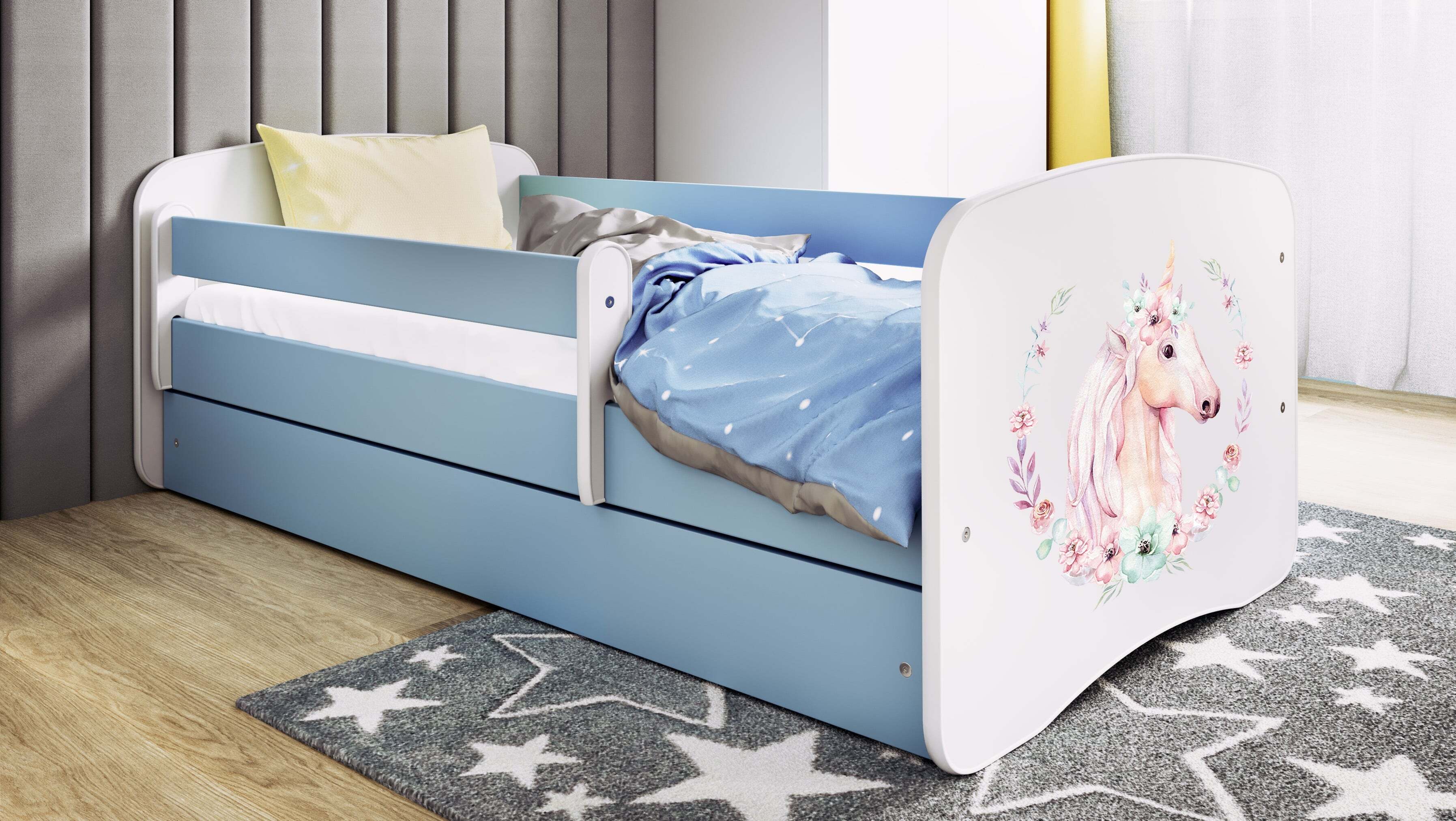 Kinderbett Jugendbett Pferd 70x140, 80x160, 80x180 cm - Komplettset mit Schublade & Rausfallschutz
