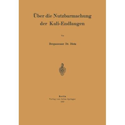 Über die Nutzbarmachung der Kali-Endlaugen, Taschenbuch von NA Dietz, Springer Berlin, 978-3-642-98722-9