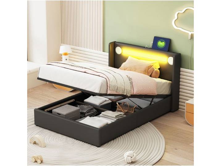 HOMVRA Lit coffre enfant 90x200 cm avec LED Bluetooth 2 ports USB revêtement PU noir