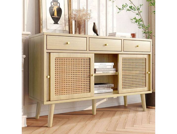 Buffet - PUGSDRLY - Commode 3 tiroirs et 3 portes - Cannage rotin - MDF chêne - Poignées métal