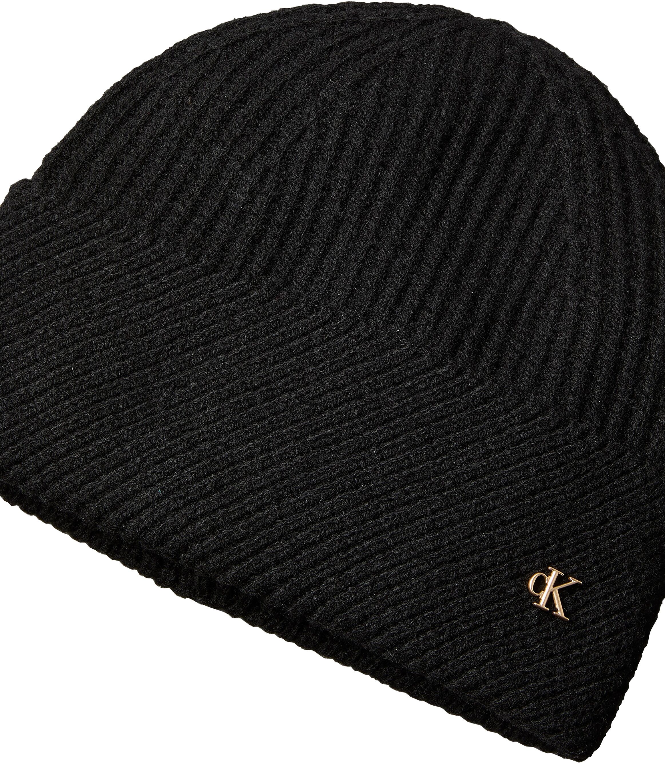 Beanie CALVIN KLEIN JEANS "CK METAL BEANIE+GLOVES GIFTSET", Damen, schwarz, Strick, Wollmischung, unifarben, Mützen Beanie, Regular fit mit Markenlabel, Wollmischung schwarz Einheitsgröße