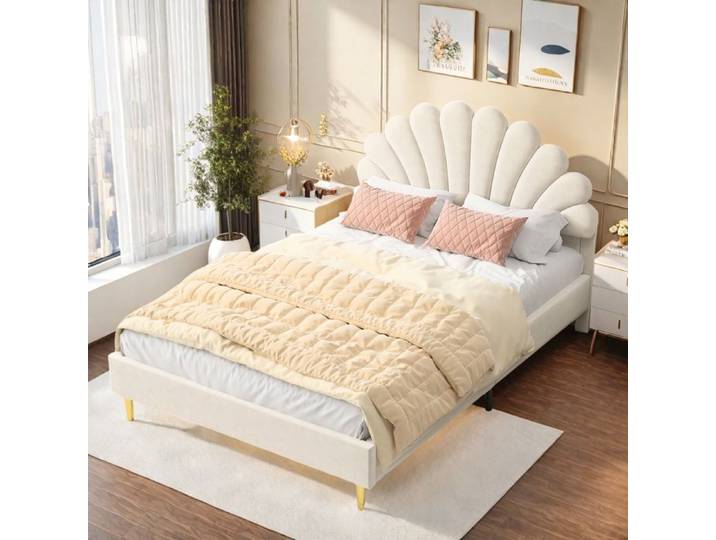 Lit enfant 140x200 avec sommier à lattes - Lit fille avec tête forme fleur - Lit double 140x200 cm en velours beige - Lit capitonné