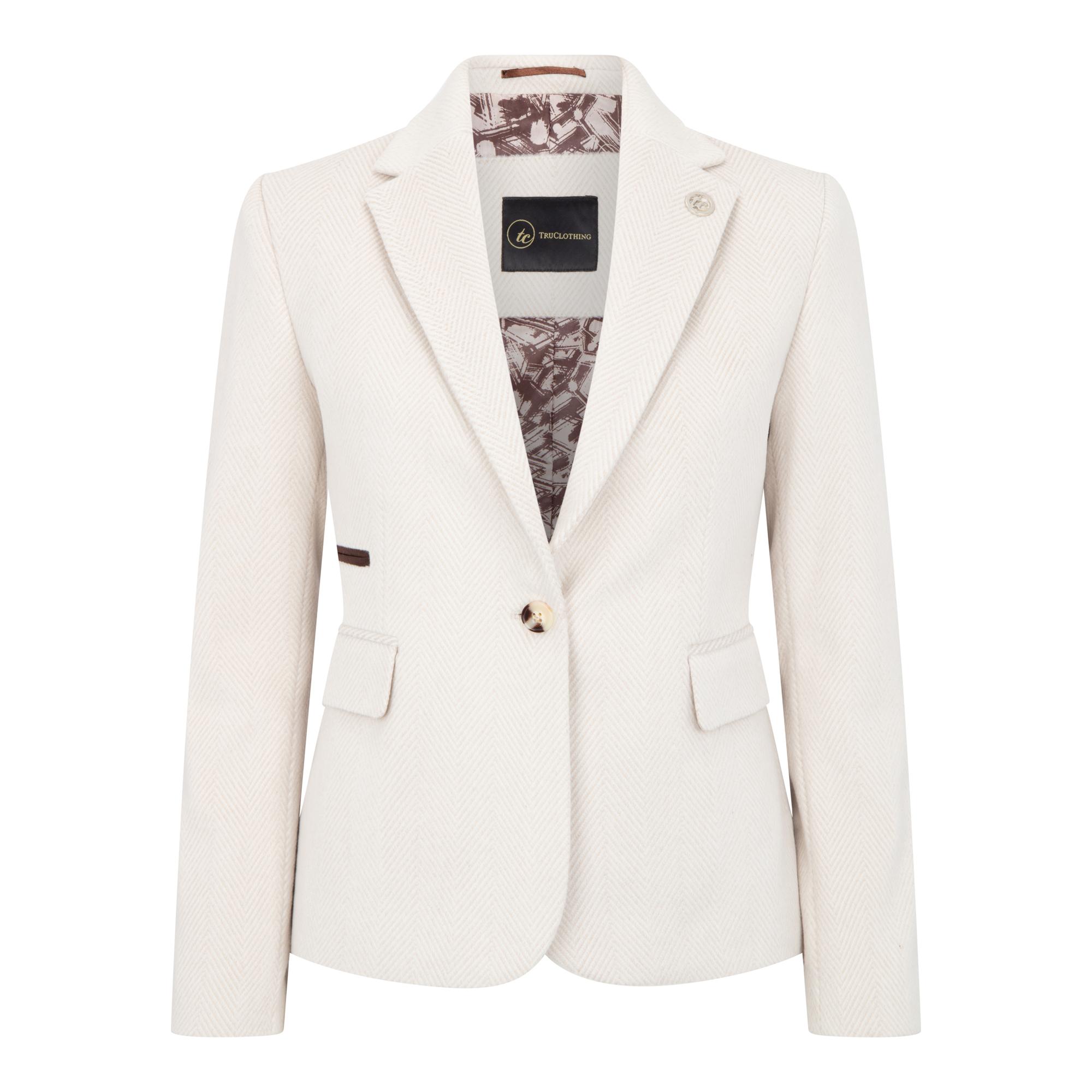 Cremefarbener Blazer aus Wollmischung und Tweed im Tailored Fit für Damen