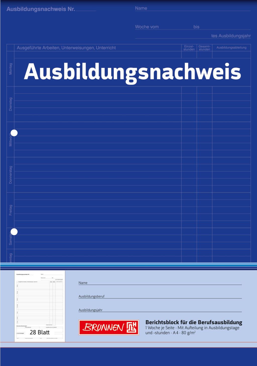 BRUNNEN Formularbuch Ausbildungsnachweis, tägliche Eintragungen DIN A4 1x 28 Seiten 1042572